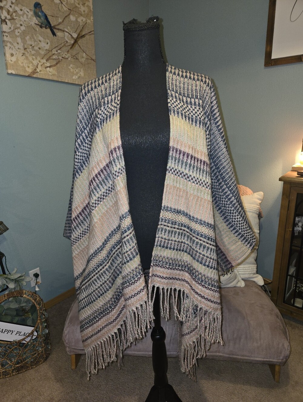 bp Striped Fringe Shawl Cardigan